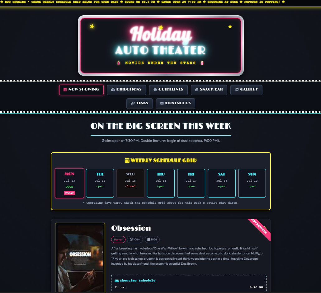 Holiday Auto Theater retro neon-themed drive-in website rebuild by Arianna Sanders